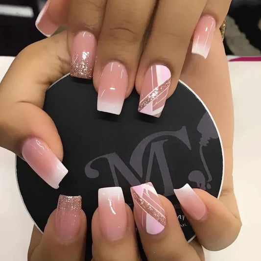 Pink Stripe-Accented Press On Nails