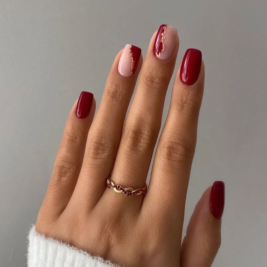 Gold Glitter Accented Burgundy Press On Nails