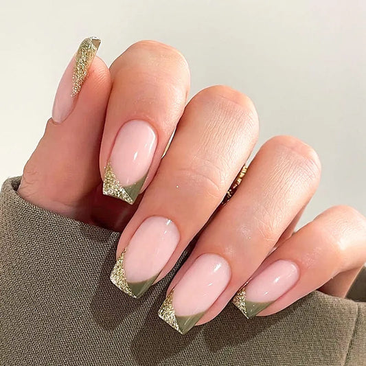 Green Glitter French Tip Press On Nails