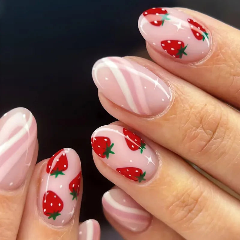 Strawberry Striped Press On Nails